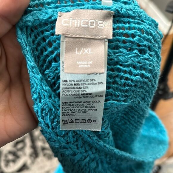 Chico's Turquoise Blue Tape Yarn Chunky Woven Convertible Poncho - Picture 9 of 15